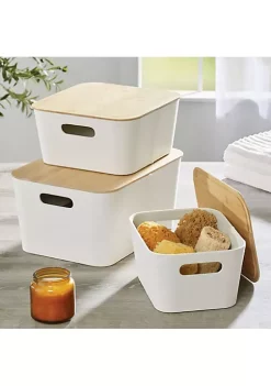 Best Sale 🌟 MDesign Stackable Bin with Bamboo Lid Set 10" x 14" x 8" 🧨 -Storage Basket Store Belk 3017